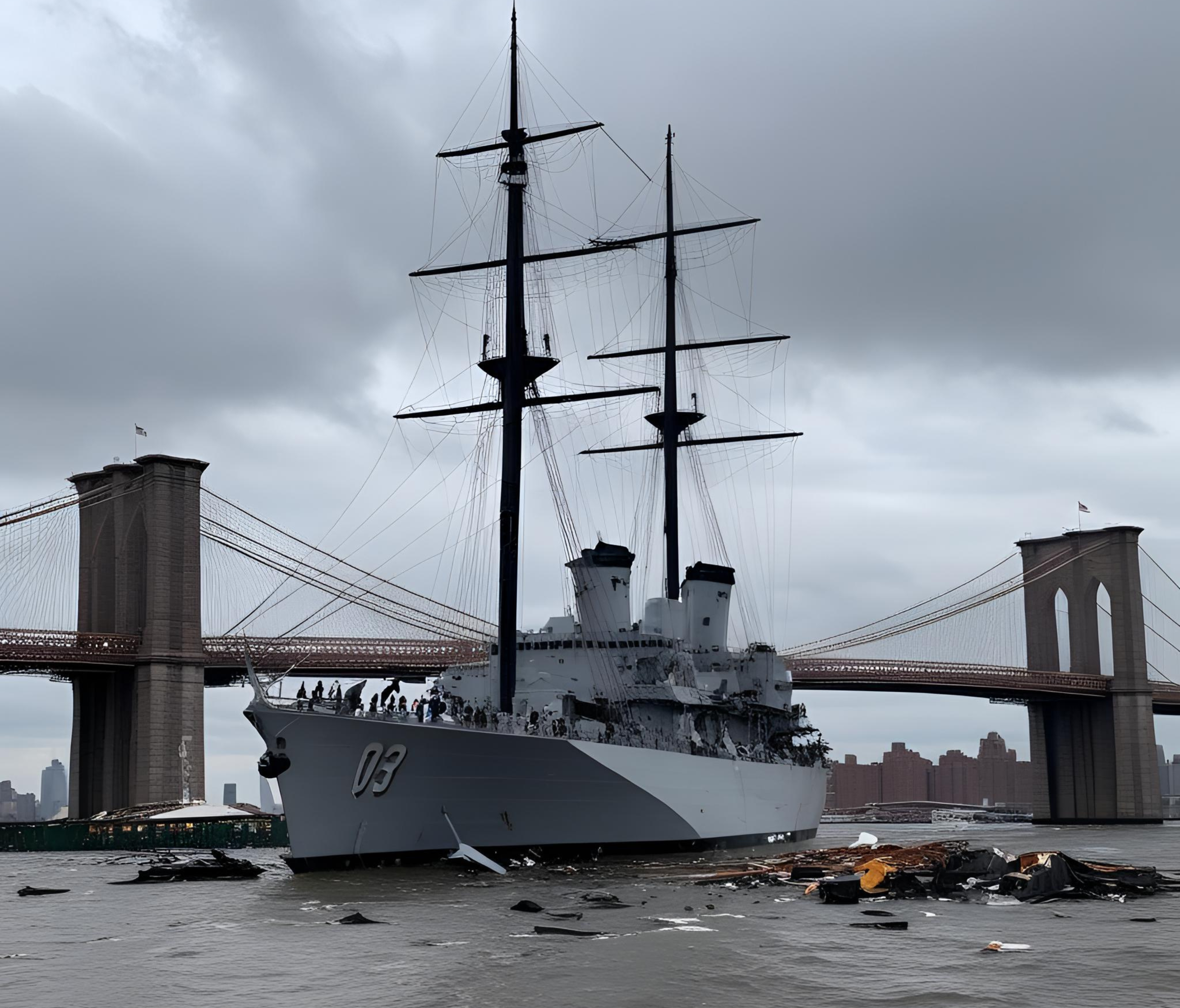 Damaged masts on the Mexican Navy training ship Cuauhtémoc after it crashed into New York City's Brooklyn Bridge